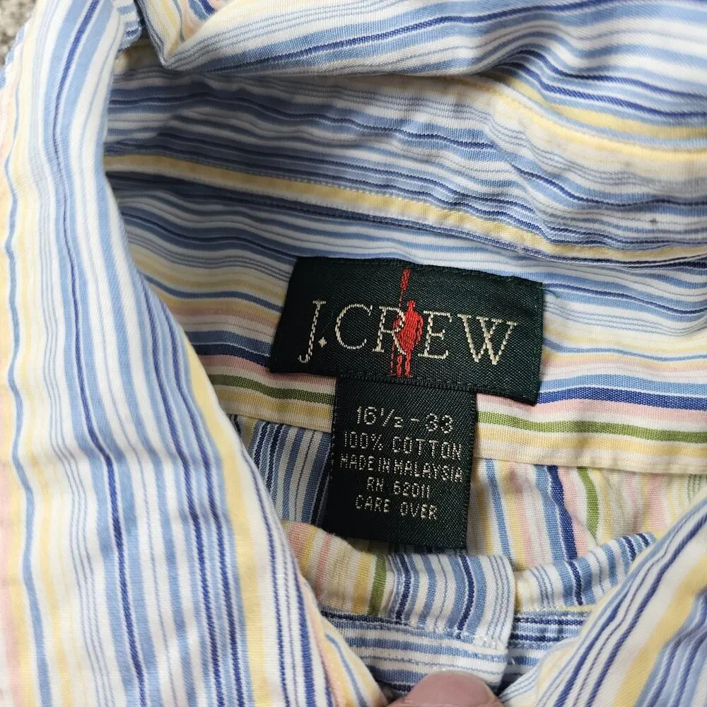 Vintage J Crew Shirt Mens 16.5 33 Blue Yellow Striped Oarsman Long Sleeve Button